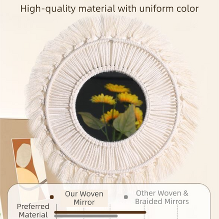 M0864 Bohemian Macrame Wall Hanging Mirror with Hand-Woven Petal Accents - Artistic Round Fringe Mirror for Home Decor.