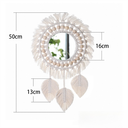 M0404 Bohemian Macrame Wall Hanging Mirror with Hand-Woven Petal Accents - Artistic Round Fringe Mirror for Home Decor.