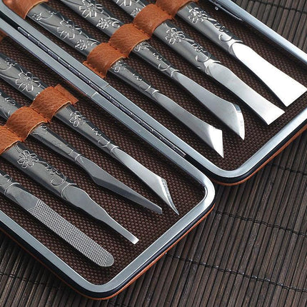 8-Piece Orchid Pattern Stainless Steel Pedicure Tool Set - Precision Tools with Leather Case for Ingrown Toenail & Dead Skin Removal.