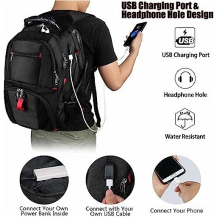 Black 50L Extra Large Laptop Backpack with USB Charging Port - Waterproof Oxford Fabric Travel & Business Bag, Fits up to 16-inch Laptops.