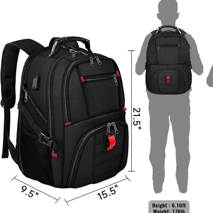 Black 50L Extra Large Laptop Backpack with USB Charging Port - Waterproof Oxford Fabric Travel & Business Bag, Fits up to 16-inch Laptops.