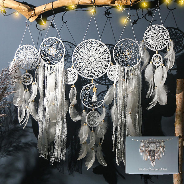 5-Piece Bohemian Handmade Dreamcatcher Wall Hanging Set (White) - Nordic Style Feather Room Decor with Premium Gift Box.