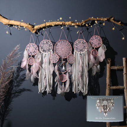 5-Piece Bohemian Handmade Dreamcatcher Wall Hanging Set (Pink) - Nordic Style Feather Room Decor with Premium Gift Box.