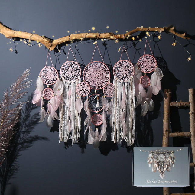5-Piece Bohemian Handmade Dreamcatcher Wall Hanging Set (Pink) - Nordic Style Feather Room Decor with Premium Gift Box.
