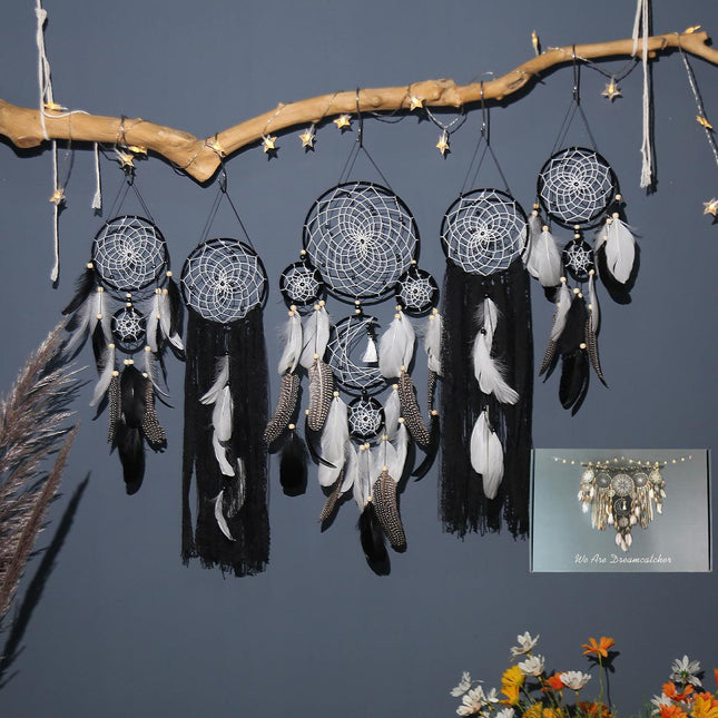 5-Piece Bohemian Handmade Dreamcatcher Wall Hanging Set (Black) - Nordic Style Feather Room Decor with Premium Gift Box.