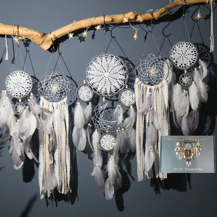 5-Piece Bohemian Handmade Dreamcatcher Wall Hanging Set (Grey) - Nordic Style Feather Room Decor with Premium Gift Box.