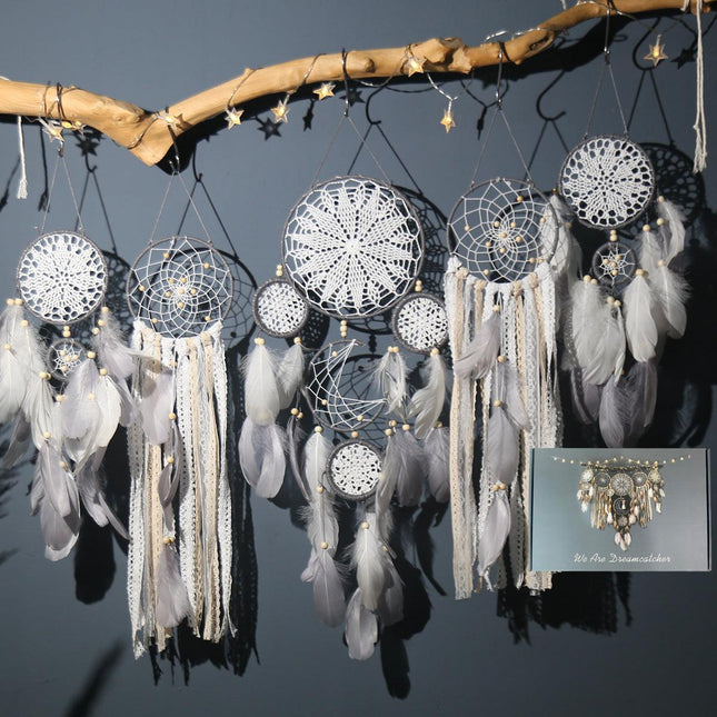 5-Piece Bohemian Handmade Dreamcatcher Wall Hanging Set (Grey) - Nordic Style Feather Room Decor with Premium Gift Box.