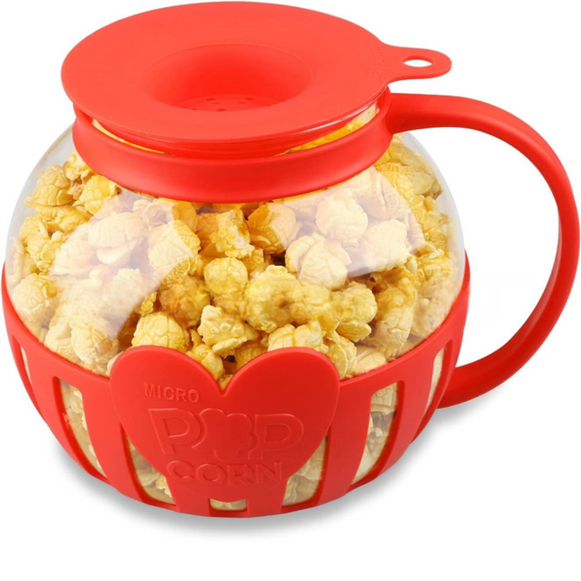 2.25QT Red Borosilicate Glass Microwave Popcorn Popper - Healthy Chemical-Free Snack Maker - Dishwasher Safe & Wide Mouth Design.