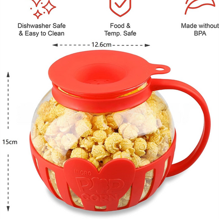 2.25QT Red Borosilicate Glass Microwave Popcorn Popper - Healthy Chemical-Free Snack Maker - Dishwasher Safe & Wide Mouth Design.