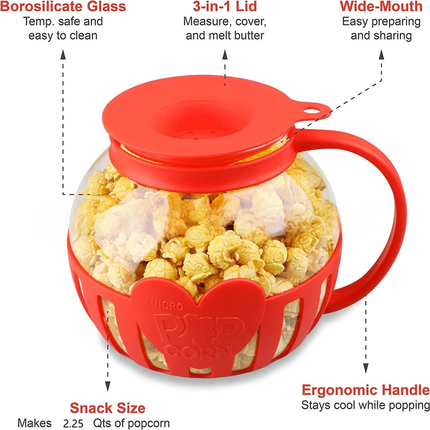 2.25QT Red Borosilicate Glass Microwave Popcorn Popper - Healthy Chemical-Free Snack Maker - Dishwasher Safe & Wide Mouth Design.