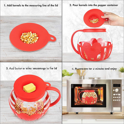 2.25QT Red Borosilicate Glass Microwave Popcorn Popper - Healthy Chemical-Free Snack Maker - Dishwasher Safe & Wide Mouth Design.