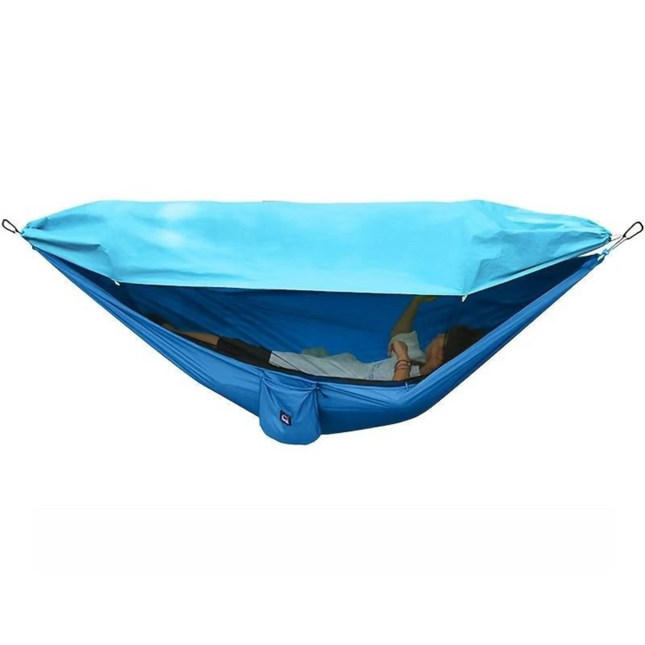 290 x 140CM Professional Nylon Hammock with Integrated Mosquito Net & Sunshade - 2-Person  Anti-Rollover Camping Swing with Heavy-Duty Installation Kit (Blue).