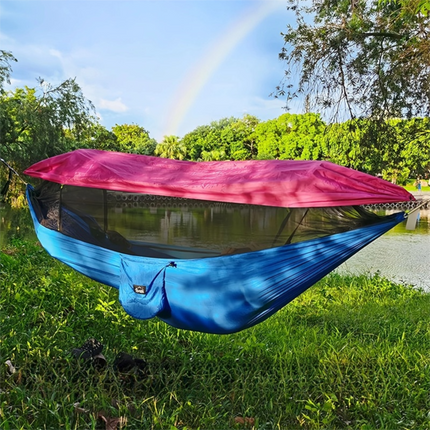 290 x 140CM Professional Nylon Hammock with Integrated Mosquito Net & Sunshade - 2-Person  Anti-Rollover Camping Swing with Heavy-Duty Installation Kit (Blue Pink).