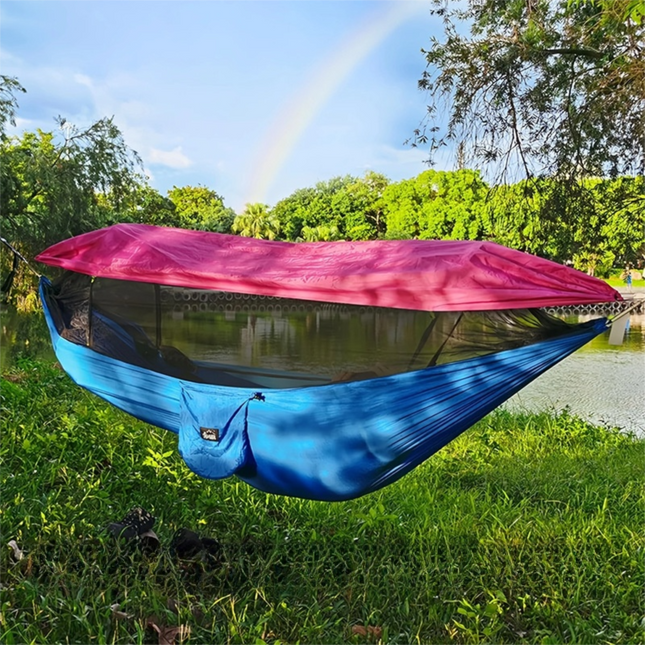 290 x 140CM Professional Nylon Hammock with Integrated Mosquito Net & Sunshade - 2-Person  Anti-Rollover Camping Swing with Heavy-Duty Installation Kit (Blue Pink).