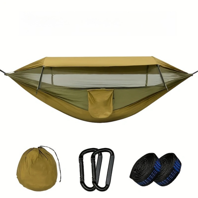 290 x 140CM Professional Nylon Hammock with Integrated Mosquito Net & Sunshade - 2-Person  Anti-Rollover Camping Swing with Heavy-Duty Installation Kit (Light Green).