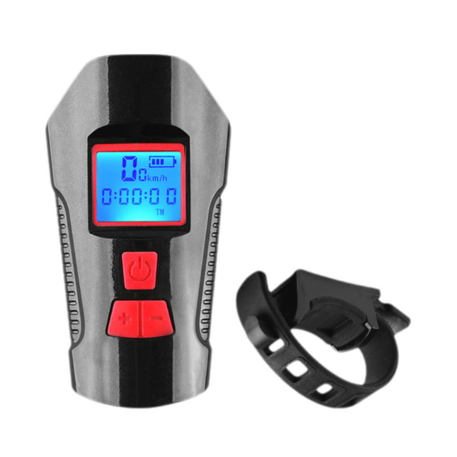 Red Professional 3-in-1 Waterproof Bicycle Headlight with Integrated Speedometer & Horn - High-Lumen Night Riding Safety Lamp, USB Rechargeable Bike Computer.