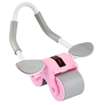 Pink Multifunctional Abdominal Roller with Automatic Rebound - Core Strength Trainer with Extra-Wide Double Wheels and Kneeling Mat for Home Gym.