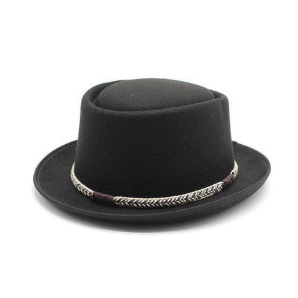 Black Unisex Stylish Pure Woolen Short-Brimmed Fedora - Classic British Gentleman's Fedora with Curled Brim and Dimpled Top.