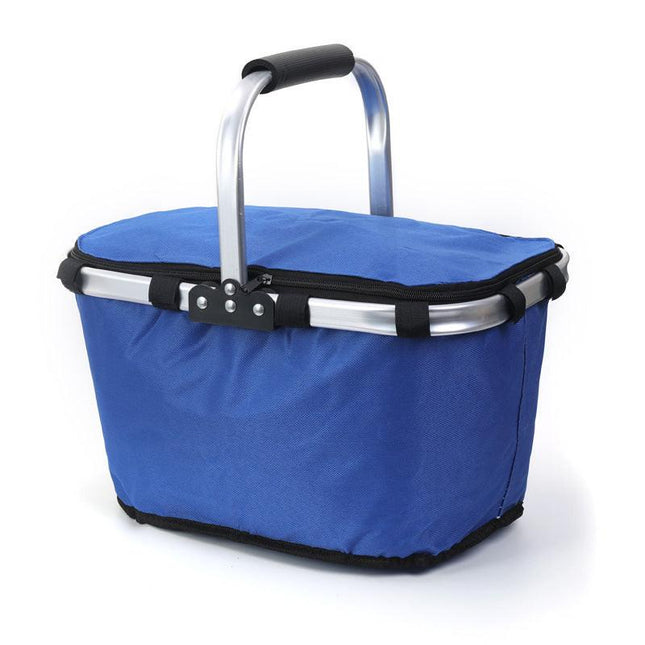 Blue Foldable Insulated Picnic Basket With Zipper Lid & Handle - Modern Minimalist Large Capacity Thermal Shopping Basket for Grocery, Camping, and Meal Delivery.