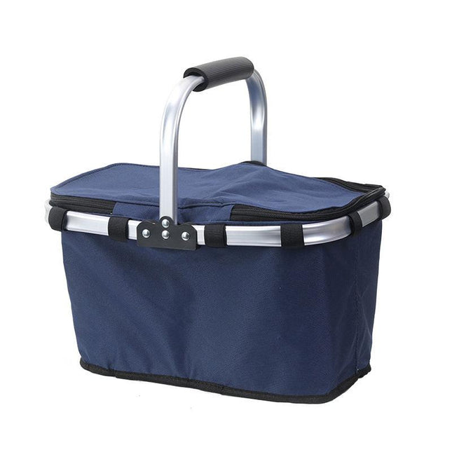 Dark Blue Foldable Insulated Picnic Basket With Zipper Lid & Handle - Modern Minimalist Large Capacity Thermal Shopping Basket for Grocery, Camping, and Meal Delivery.