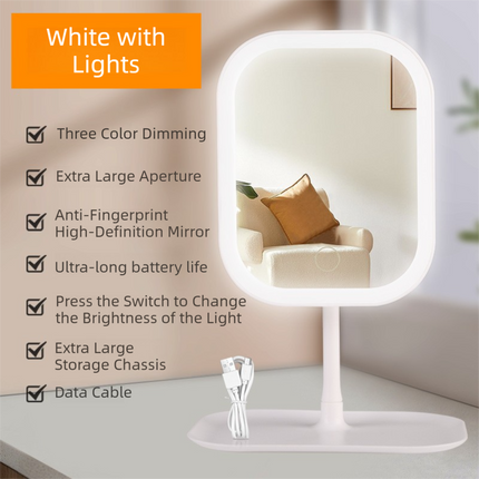 Portable LED Makeup Mirror with Integrated Fill Light & Storage Chassis - 360°Rotatable High-Definition Stylish Tabletop Vanity Mirror(White).