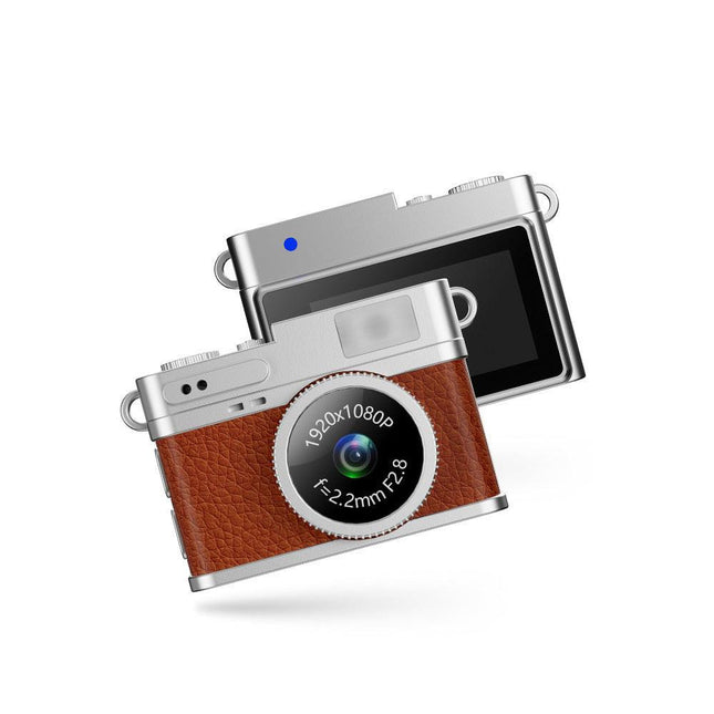 Retro Style Ultra-Mini Thumb Cam for Vlogging (Brown) - Portable Digital Photo & Video Recorder with 32GB Memory Card & 0.96" Screen, Free Wearable Keychain & Necklace.