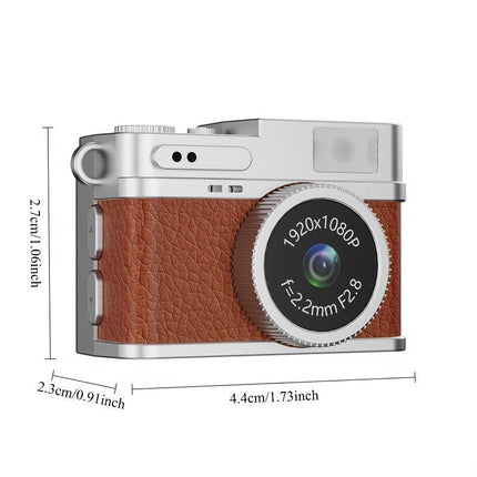 Retro Style Ultra-Mini Thumb Cam for Vlogging (Brown) - Portable Digital Photo & Video Recorder with 32GB Memory Card & 0.96" Screen, Free Wearable Keychain & Necklace.
