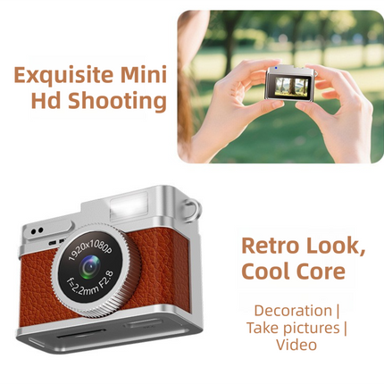 Retro Style Ultra-Mini Thumb Cam for Vlogging (Brown) - Portable Digital Photo & Video Recorder with 32GB Memory Card & 0.96" Screen, Free Wearable Keychain & Necklace.