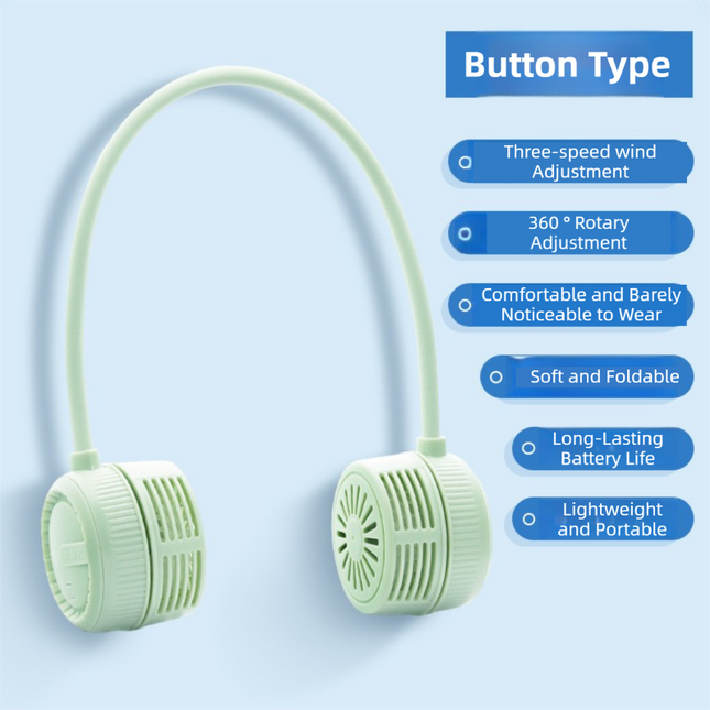 Green Foldable Bladeless Neck Fan - Portable Turbine Fan with 3-Speed & 360° Flexible Silicone Hose for Travel, Office, and Outdoor Use.