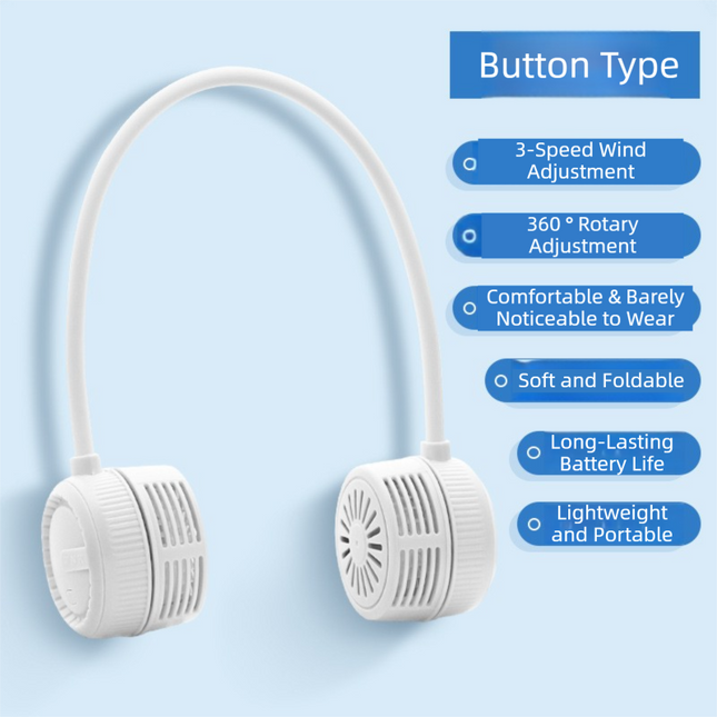 White Foldable Bladeless Neck Fan - Portable Turbine Fan with 3-Speed & 360° Flexible Silicone Hose for Travel, Office, and Outdoor Use.