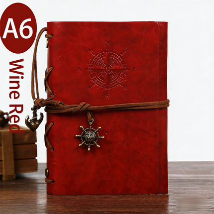 2-Pack A6 Nautical Vintage PU Leather Student Notebook - Pirate Style Strapped Diary with 150 Pages of Refillable Kraft Paper(Wine Red).