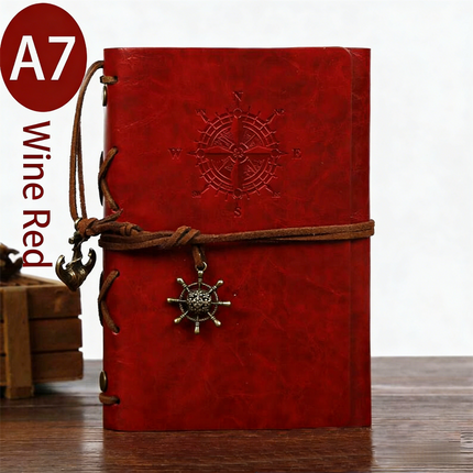 2-Pack A7 Nautical Vintage PU Leather Student Notebook - Pirate Style Strapped Diary with 150 Pages of Refillable Kraft Paper(Wine Red).