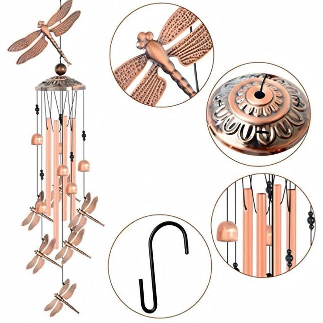 90cm Large Creative Dragonflies Vintage Metal Tube Wind Chimes - Handcrafted Musical Hanging Decor for Garden and Home with Hanging Hook.