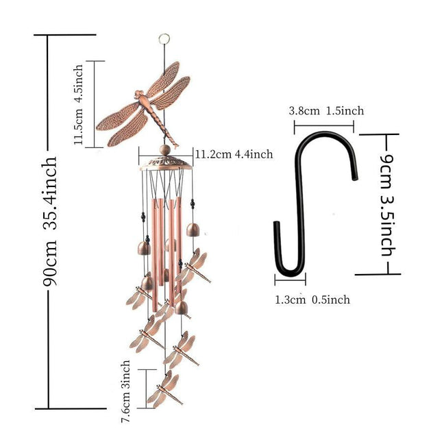 90cm Large Creative Dragonflies Vintage Metal Tube Wind Chimes - Handcrafted Musical Hanging Decor for Garden and Home with Hanging Hook.