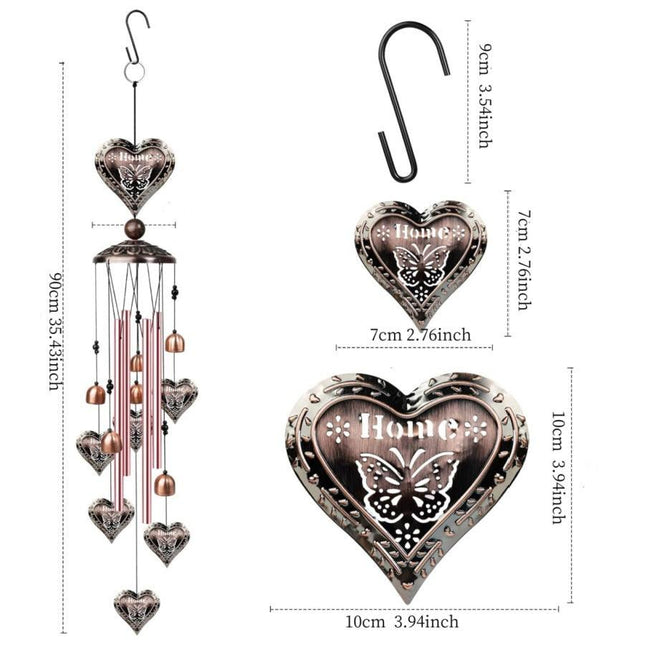 90cm Large Bronze Hearts Vintage Metal Tube Wind Chimes - Handcrafted Musical Hanging Decor for Garden and Home with Hanging Hook.