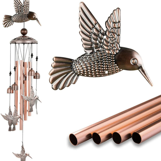 90cm Large Creative Hummingbirds Vintage Metal Tube Wind Chimes - Handcrafted Musical Hanging Decor for Garden and Home with Hanging Hook.
