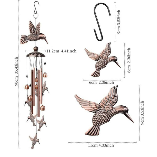 90cm Large Creative Hummingbirds Vintage Metal Tube Wind Chimes - Handcrafted Musical Hanging Decor for Garden and Home with Hanging Hook.
