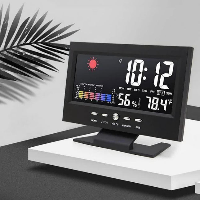 Digital Weather Forecast Clock With Alarm Clock - Color LCD Display with Date, Temperature, Humidity Monitor & Voice-Activated Backlight.