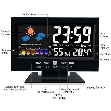 Digital Weather Forecast Clock With Alarm Clock - Color LCD Display with Date, Temperature, Humidity Monitor & Voice-Activated Backlight.