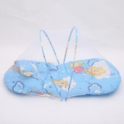 Blue Portable 3-in-1 Mosquito Net Set with Soft Sleep Pad & Pillow - Foldable Pop-Up Travel Bassinet for Infants, Breathable Shield for Indoor & Outdoor Use.