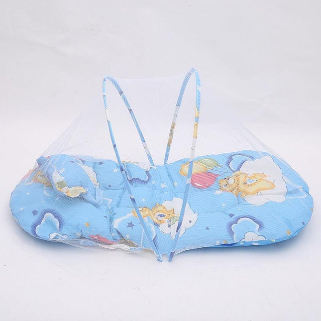 Blue Portable 3-in-1 Mosquito Net Set with Soft Sleep Pad & Pillow - Foldable Pop-Up Travel Bassinet for Infants, Breathable Shield for Indoor & Outdoor Use.