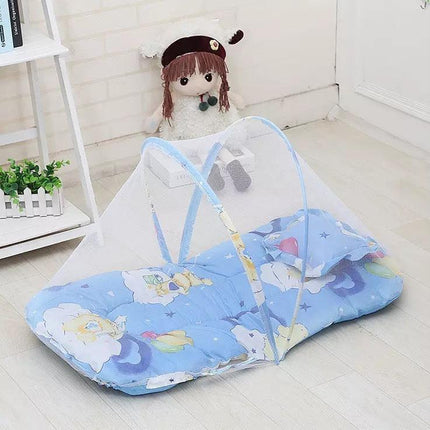 Blue Portable 3-in-1 Mosquito Net Set with Soft Sleep Pad & Pillow - Foldable Pop-Up Travel Bassinet for Infants, Breathable Shield for Indoor & Outdoor Use.