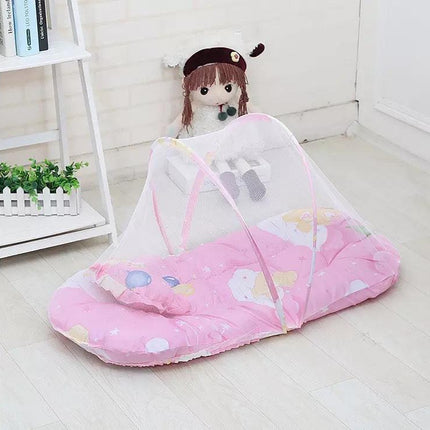 Pink Portable 3-in-1 Mosquito Net Set with Soft Sleep Pad & Pillow - Foldable Pop-Up Travel Bassinet for Infants, Breathable Shield for Indoor & Outdoor Use.
