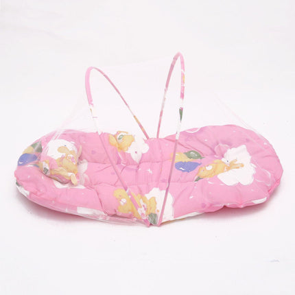 Pink Portable 3-in-1 Mosquito Net Set with Soft Sleep Pad & Pillow - Foldable Pop-Up Travel Bassinet for Infants, Breathable Shield for Indoor & Outdoor Use.