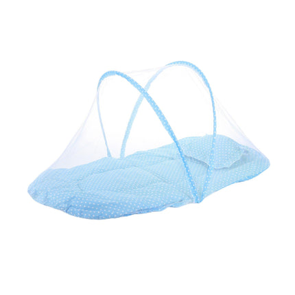 Blue Polka Dots Portable 3-in-1 Mosquito Net Set with Soft Sleep Pad & Pillow - Foldable Pop-Up Travel Bassinet for Infants, Breathable Shield for Indoor & Outdoor Use.