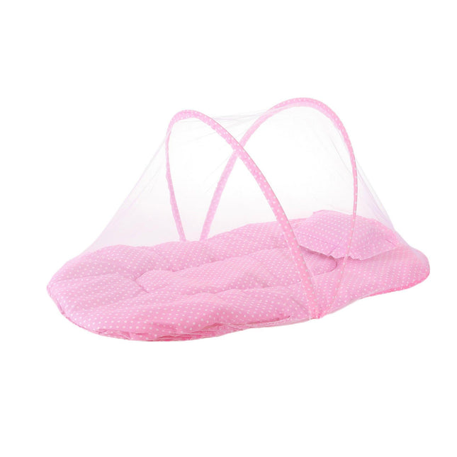 Pink Polka Dots Portable 3-in-1 Mosquito Net Set with Soft Sleep Pad & Pillow - Foldable Pop-Up Travel Bassinet for Infants, Breathable Shield for Indoor & Outdoor Use.