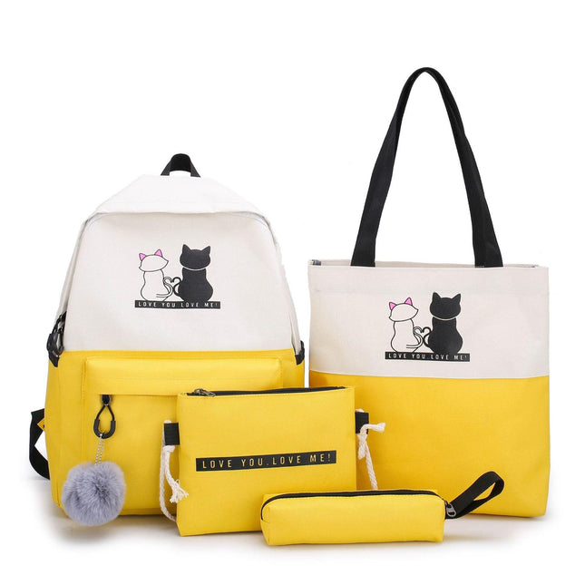 4-Piece Yellow Student Backpack Set with Cat Print - Durable Canvas School Bag Combo - Includes Backpack, Tote Bag, Crossbody Bag & Pencil Case.