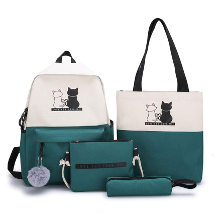 4-Piece Green Student Backpack Set with Cat Print - Durable Canvas School Bag Combo - Includes Backpack, Tote Bag, Crossbody Bag & Pencil Case.