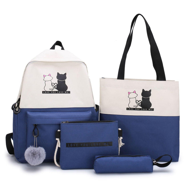 4-Piece Blue Student Backpack Set with Cat Print - Durable Canvas School Bag Combo - Includes Backpack, Tote Bag, Crossbody Bag & Pencil Case.