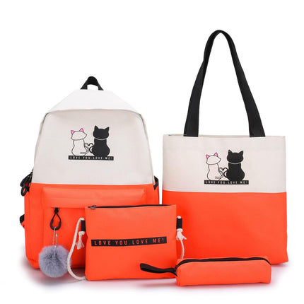 4-Piece Orange Student Backpack Set with Cat Print - Durable Canvas School Bag Combo - Includes Backpack, Tote Bag, Crossbody Bag & Pencil Case.
